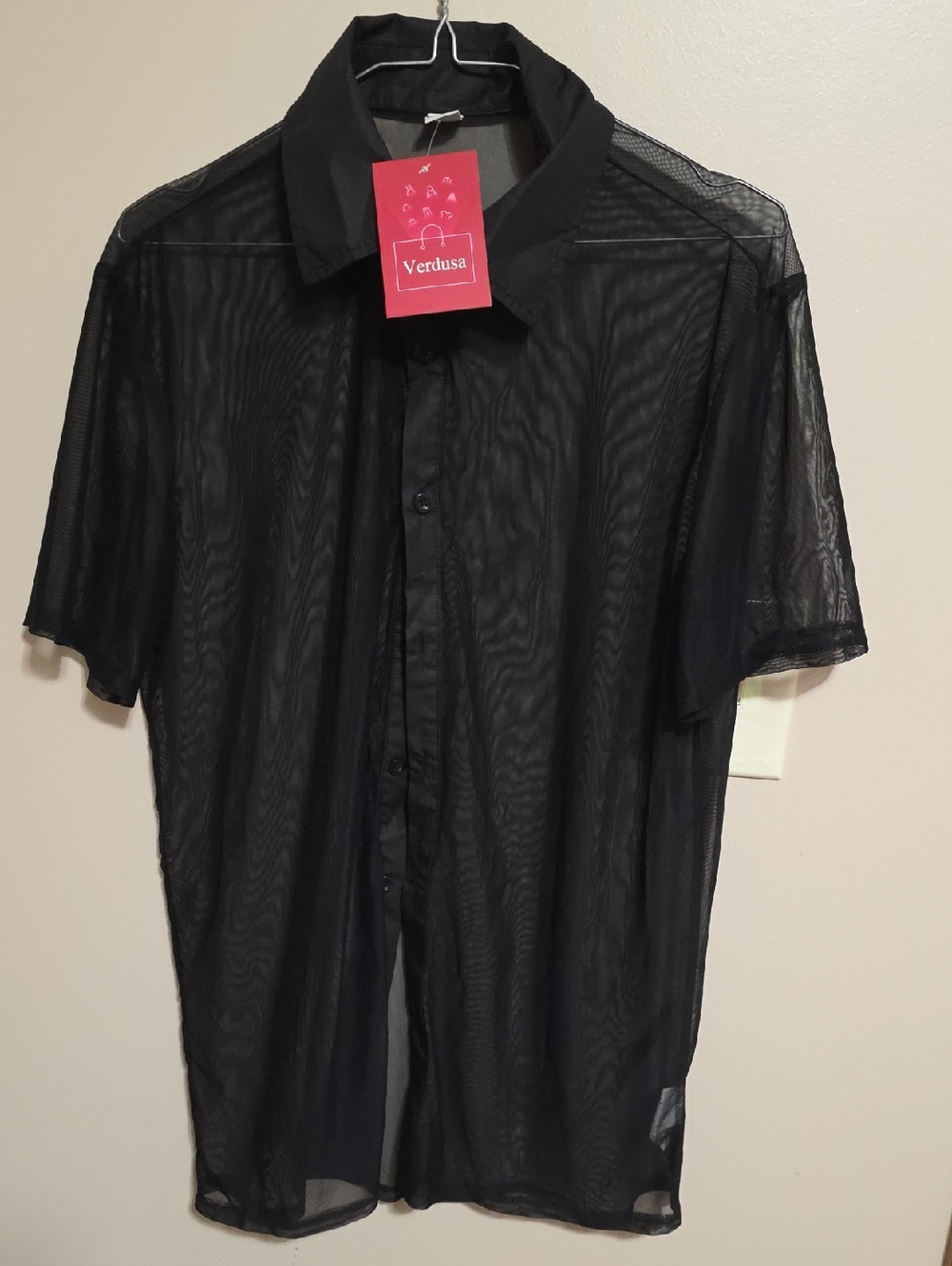 Verdusa Black Sheer Short-Sleeve Button-Down Shirt